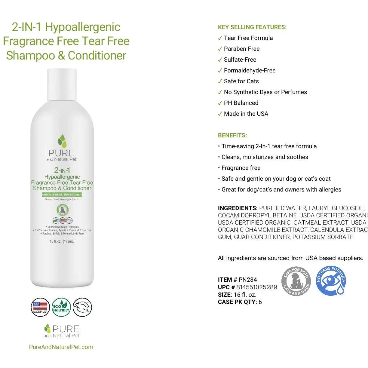 Pure and Natural Pet 2-in-1 Hypoallergenic Fragrance+Tear Free Shampoo/Conditionr